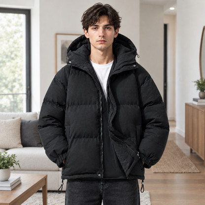 doudoune homme noir, portée par un modèle en intérieur