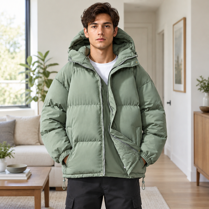 doudoune homme vert, portée par un modèle en intérieur