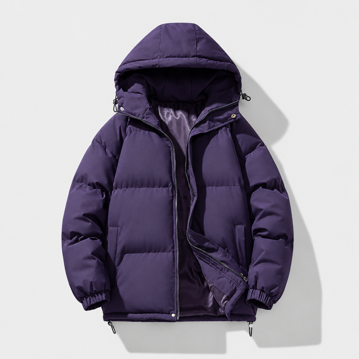 doudoune homme violet matelassée à capuche, vue devant