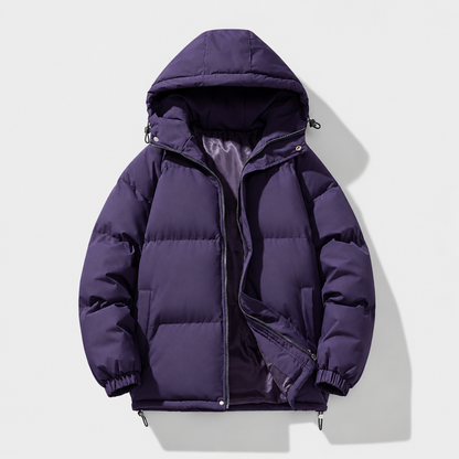 doudoune homme violet matelassée à capuche, vue devant