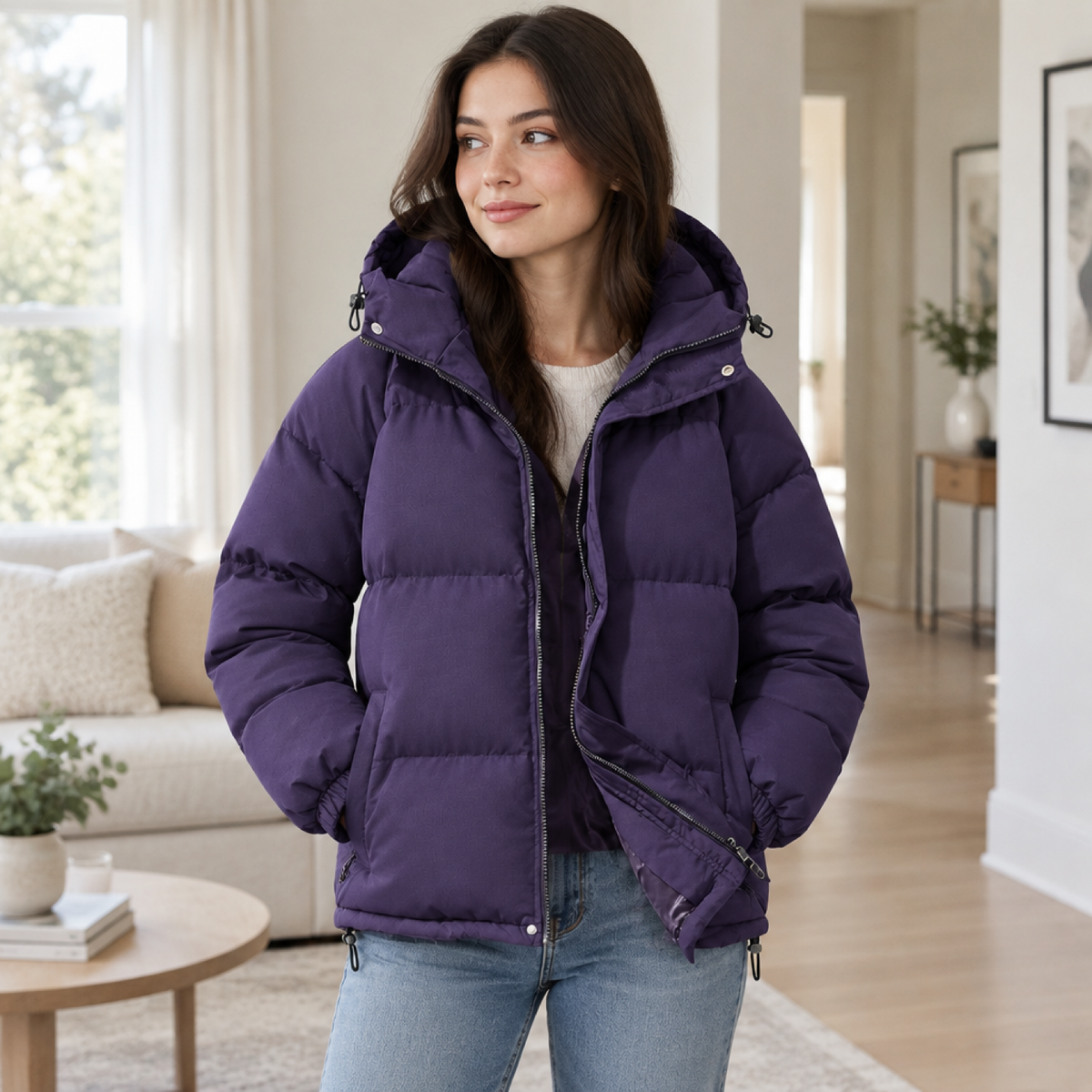 doudoune homme violet, portée par un modèle en intérieur