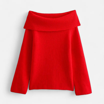 pull femme épaules dénudées rouge, vue de face