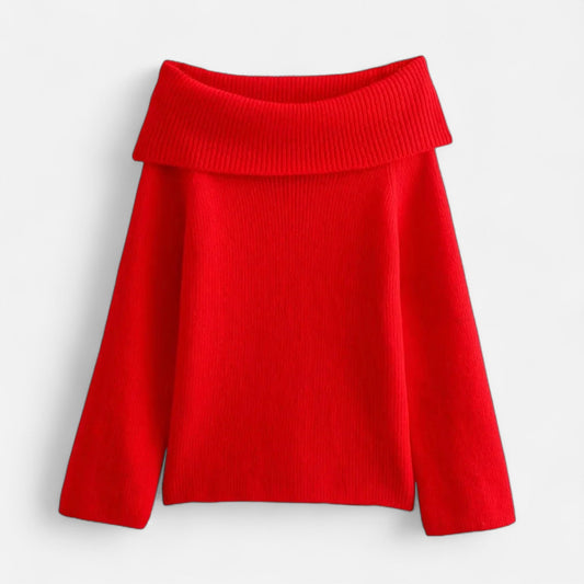 pull femme épaules dénudées rouge, vue de face