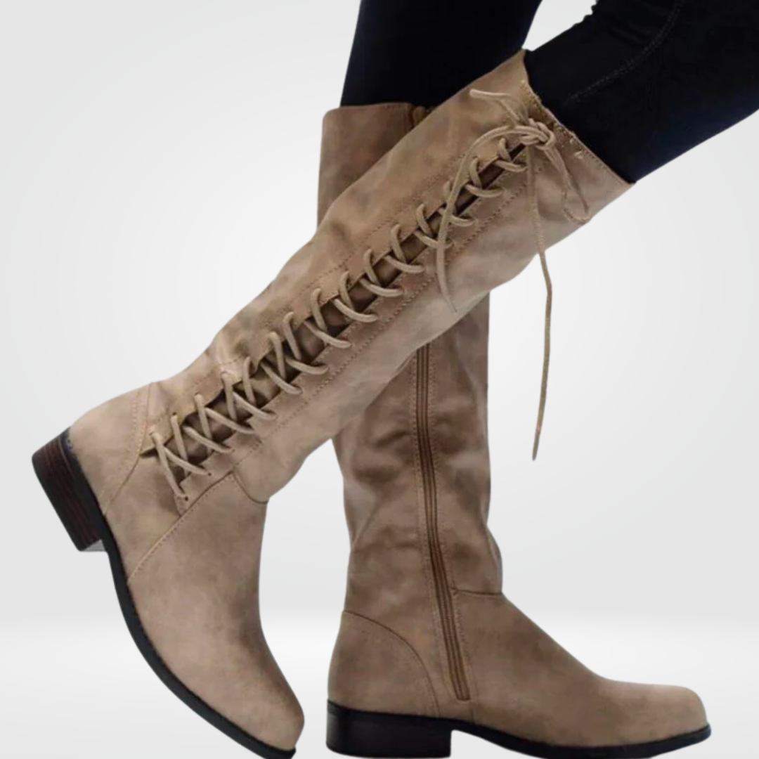 bottes hautes lacées en cuir femme beige, vue de côté