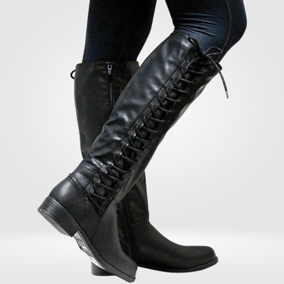bottes hautes lacées en cuir femme noir, vue de côté