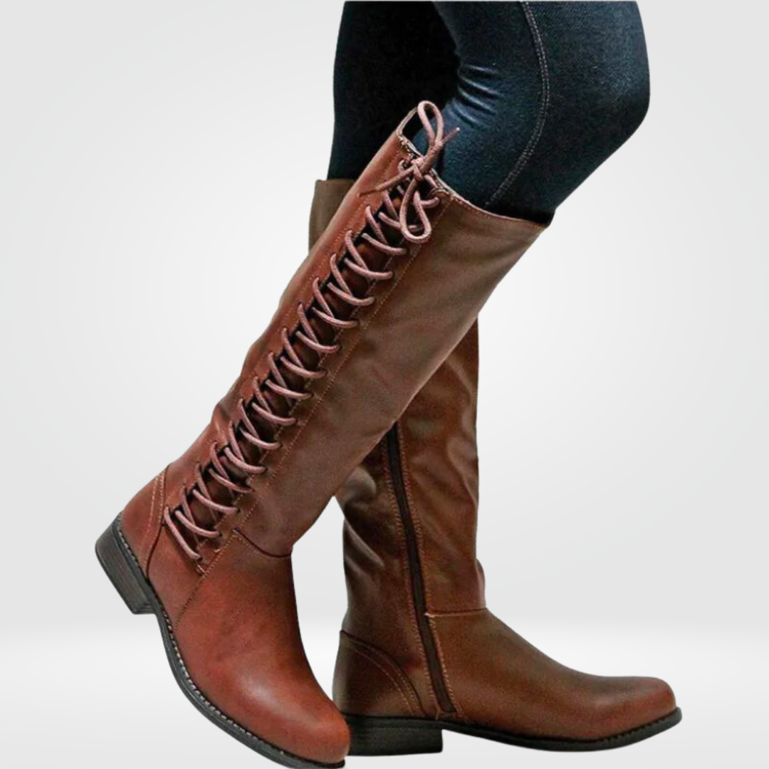 bottes hautes lacées en cuir femme marron, vue de côté