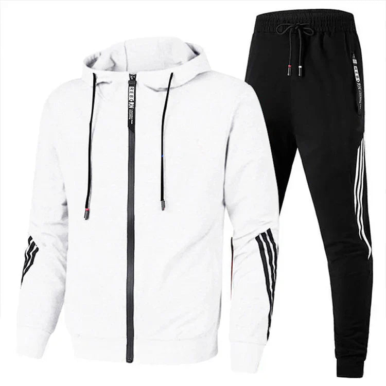 Ensemble jogging homme blanc à capuche, veste zippée et pantalon bandes contrastées, vue face