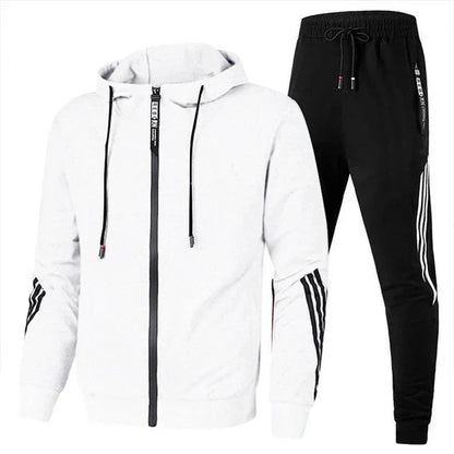 Ensemble jogging homme blanc à capuche, veste zippée et pantalon bandes contrastées, vue face