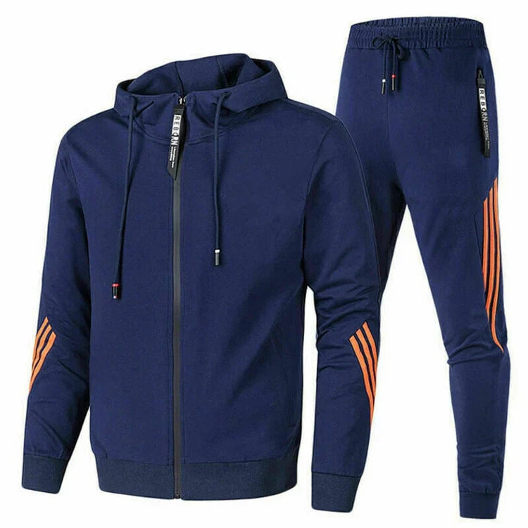 Ensemble jogging homme bleu marine à capuche, veste zippée et pantalon bandes contrastées, vue face
