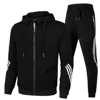 Ensemble jogging homme noir à capuche, veste zippée et pantalon bandes contrastées, vue face