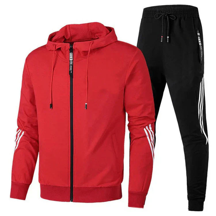 Ensemble jogging homme rouge à capuche, veste zippée et pantalon bandes contrastées, vue face