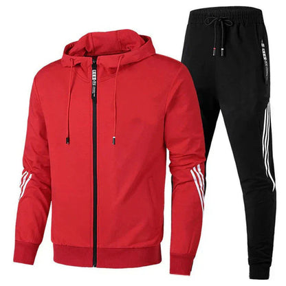 Ensemble jogging homme rouge à capuche, veste zippée et pantalon bandes contrastées, vue face