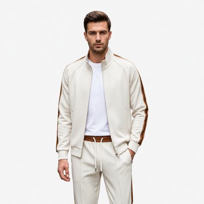 Ensemble survêtement homme blanc cassé, blouson zippé et pantalon assorti