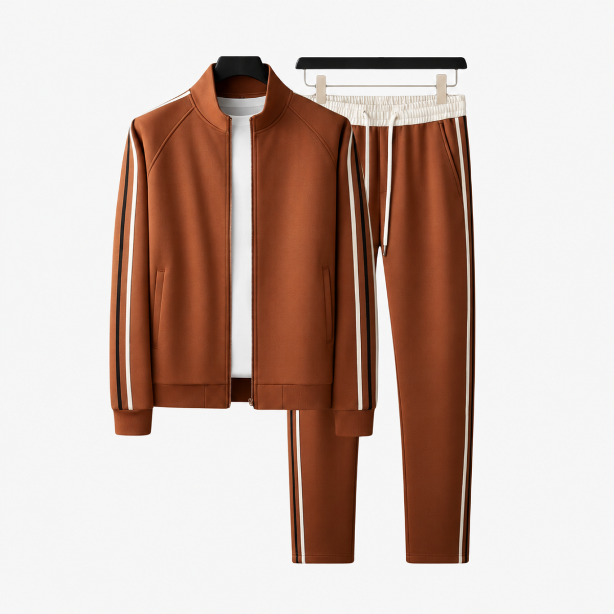 Ensemble survêtement homme marron, blouson zippé et pantalon assorti présentés sur cintre