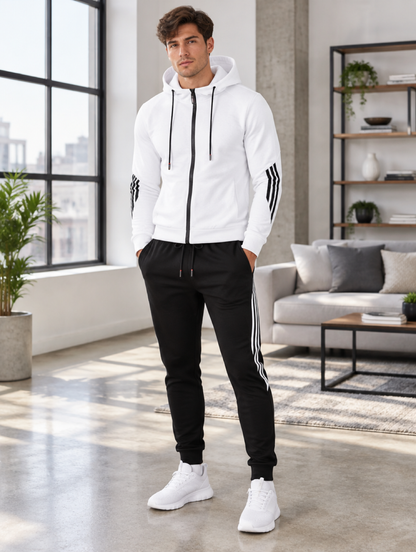 Homme portant l'ensemble jogging blanc à capuche, veste zippée et pantalon noir bandes contrastées, en extérieur