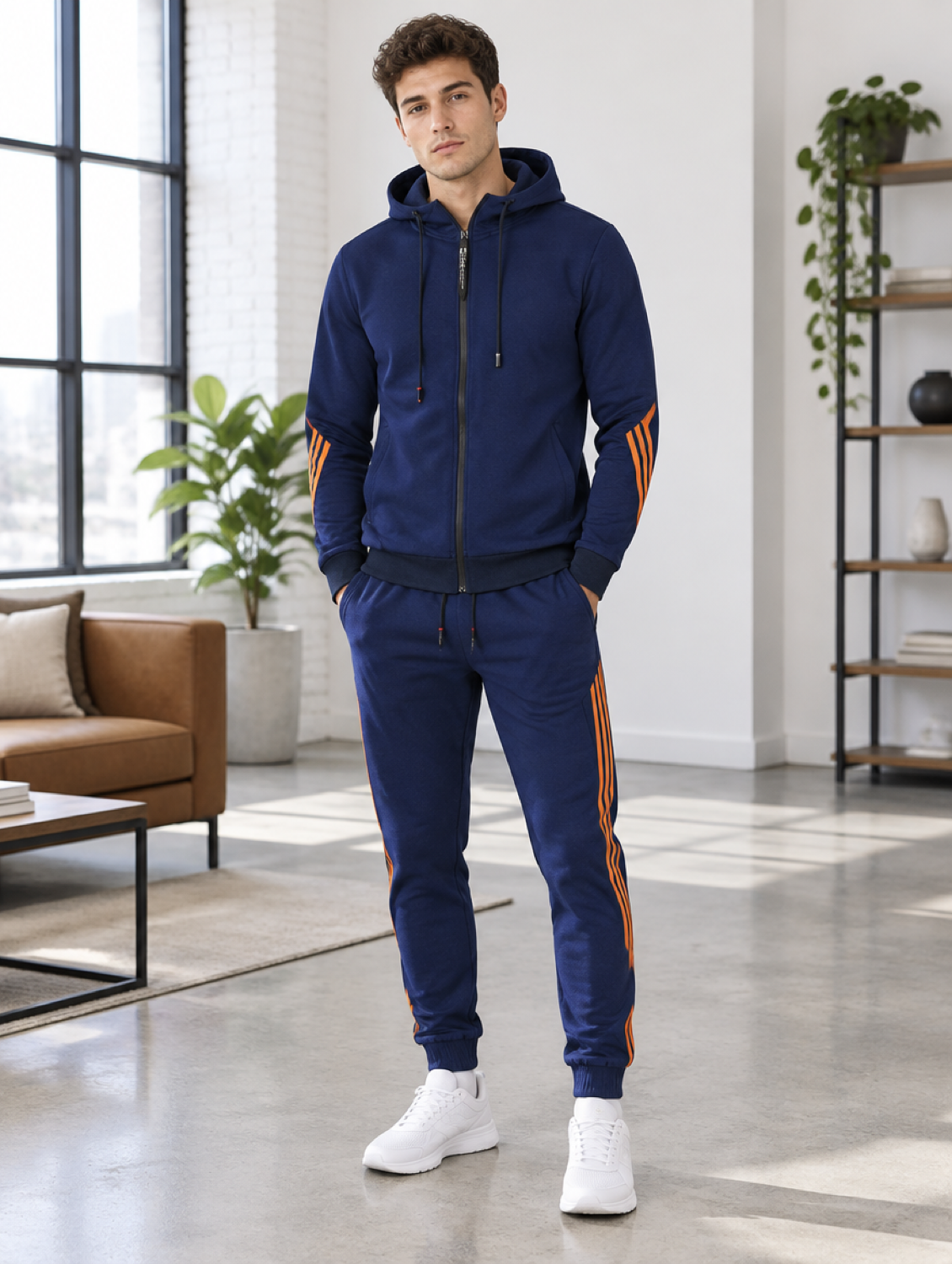 Homme portant l'ensemble jogging bleu marine à capuche, veste zippée et pantalon bandes contrastées, en extérieur