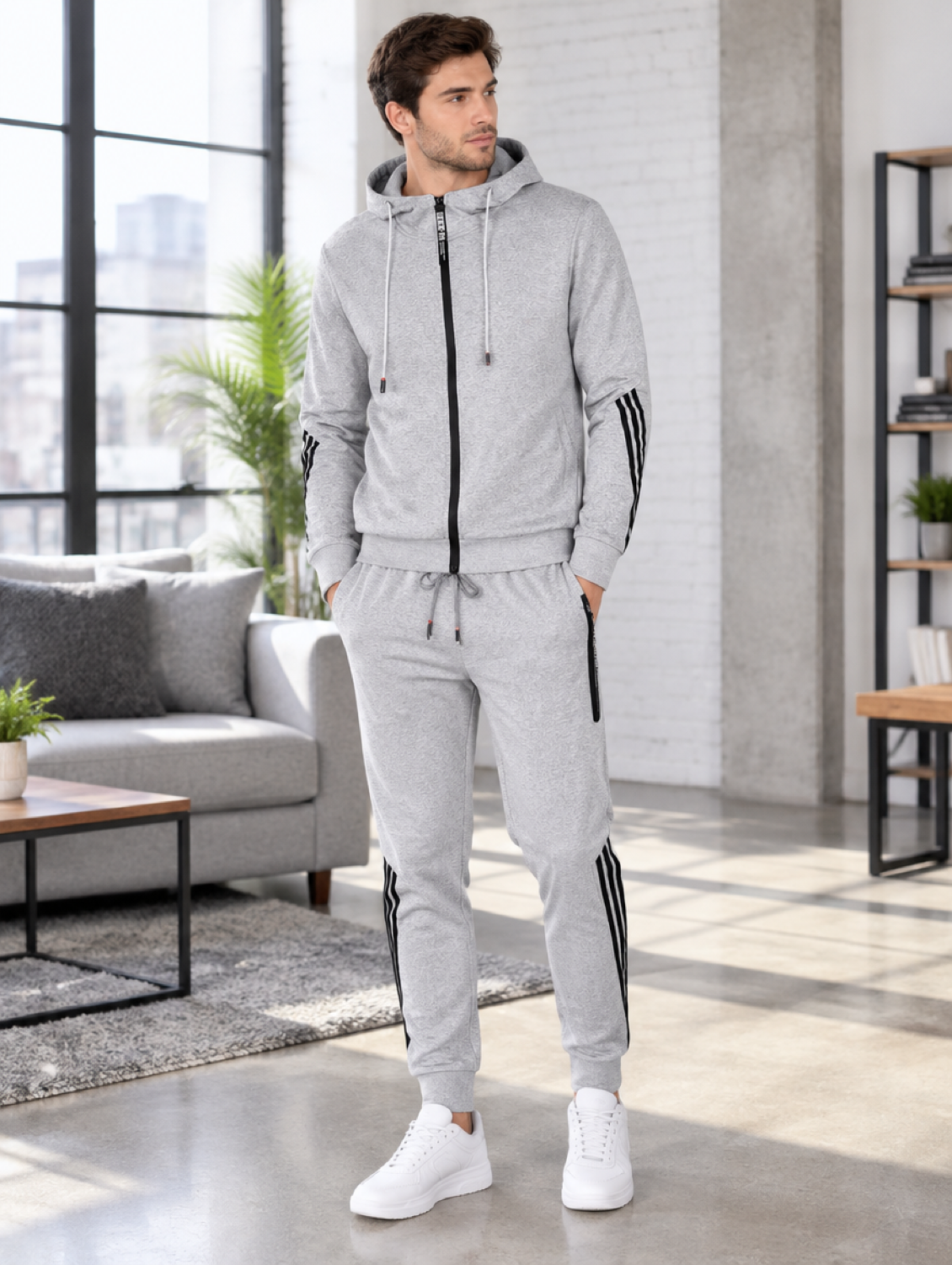 Homme portant l'ensemble jogging gris à capuche, veste zippée et pantalon bandes contrastées, en extérieur
