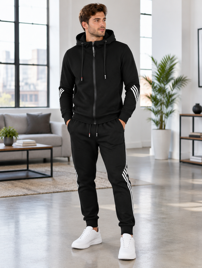 Homme portant l'ensemble jogging noir à capuche, veste zippée et pantalon bandes contrastées, en extérieur