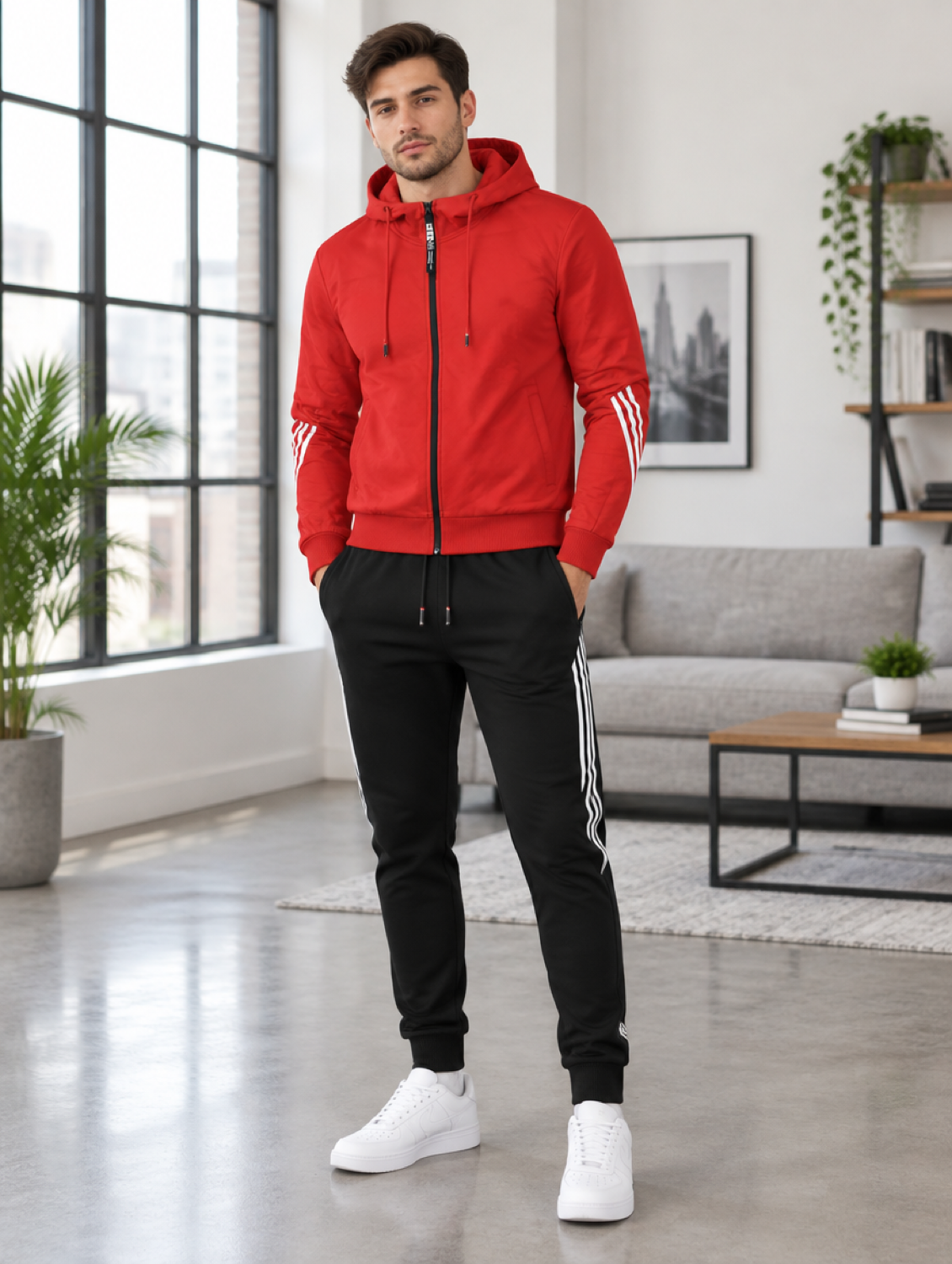 Homme portant l'ensemble jogging rouge à capuche, veste zippée et pantalon noir bandes contrastées, en extérieur