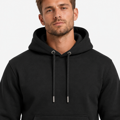 Détail de la capuche et du cordon de serrage ajustable, coloris noir