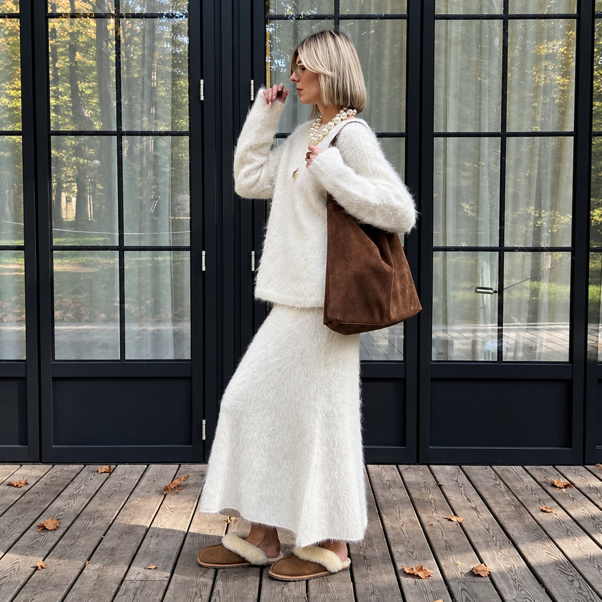 Ensemble jupe longue et pull oversize en maille duveteuse ivoire, vue de profil