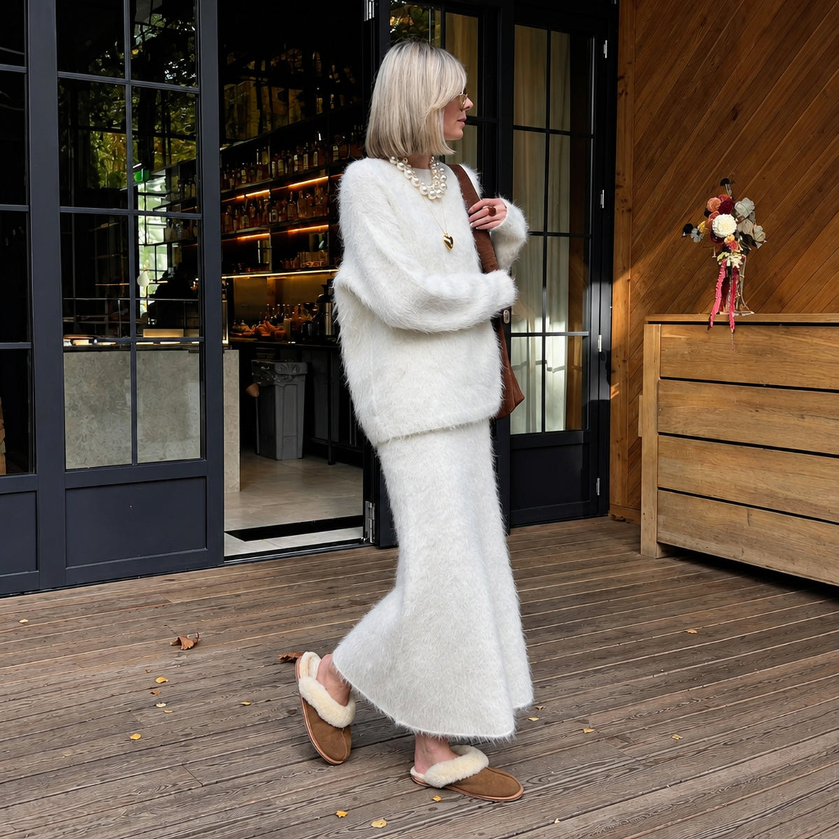 Femme portant l'ensemble pull et jupe en maille duveteuse blanche en intérieur, vue de côté