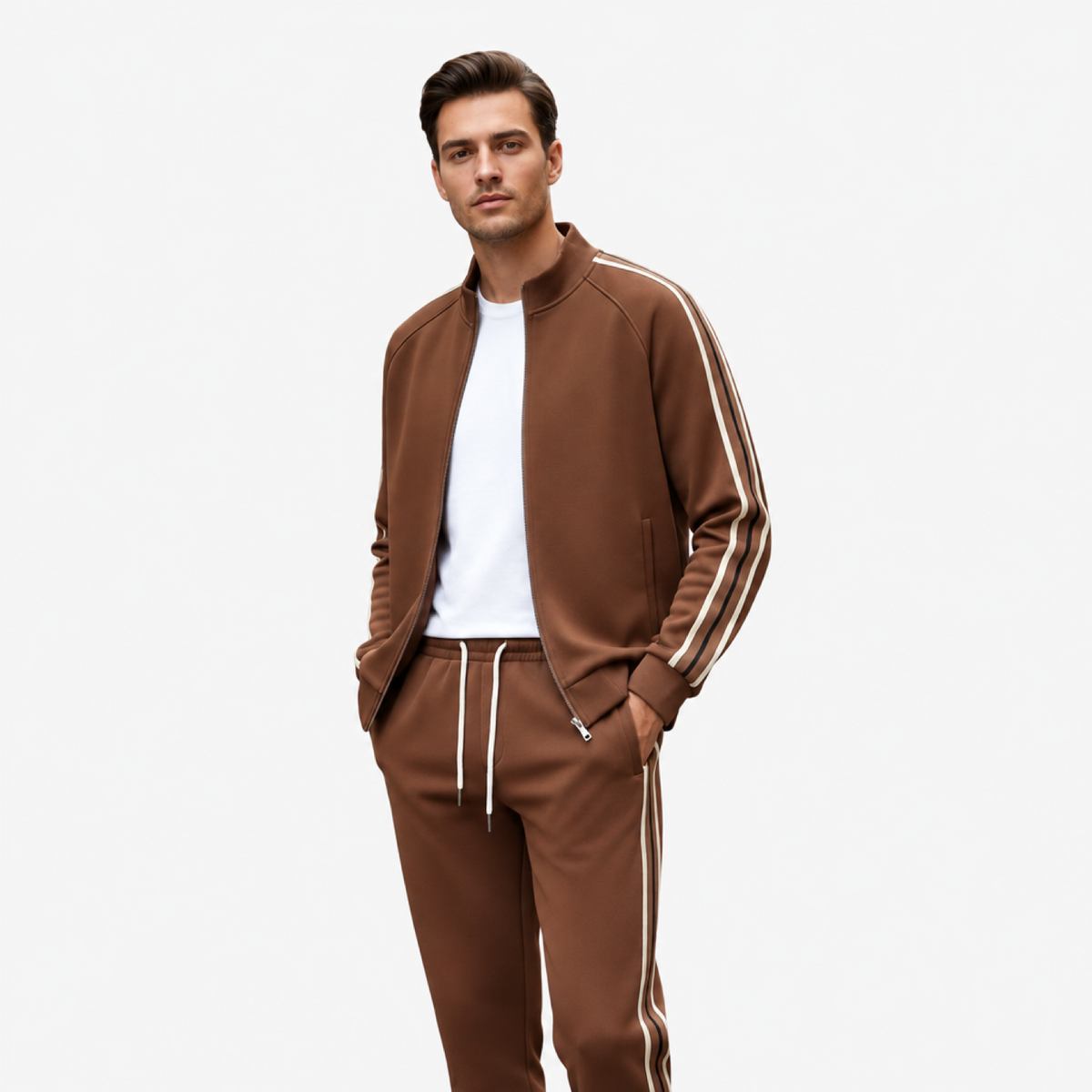 Ensemble survêtement homme marron, blouson zippé à bandes contrastées et pantalon assorti