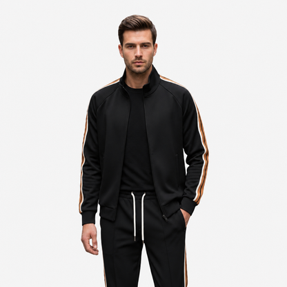 Ensemble survêtement homme noir, blouson zippé à bandes et pantalon de jogging assorti