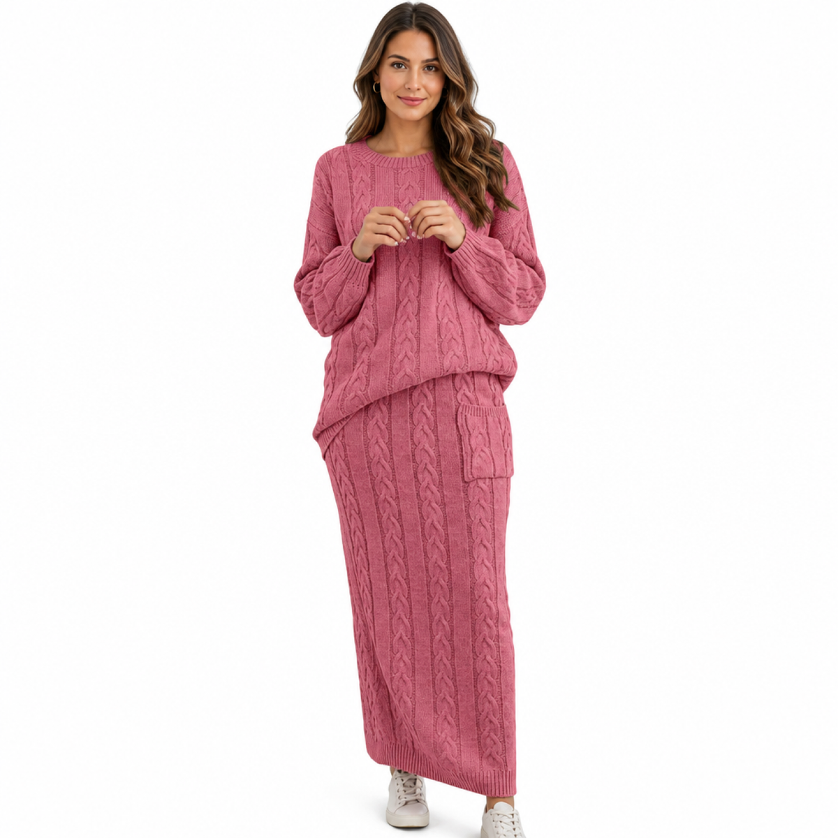 Ensemble pull et jupe en tricot rose, vue de face