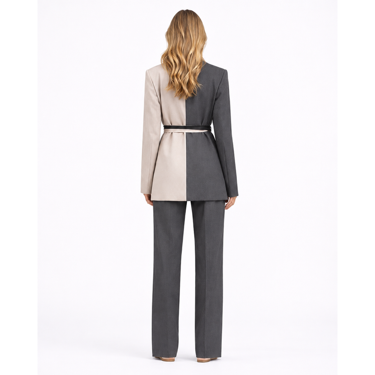 Ensemble blazer bicolore ceinturé et pantalon femme, coloris rose, vue de dos