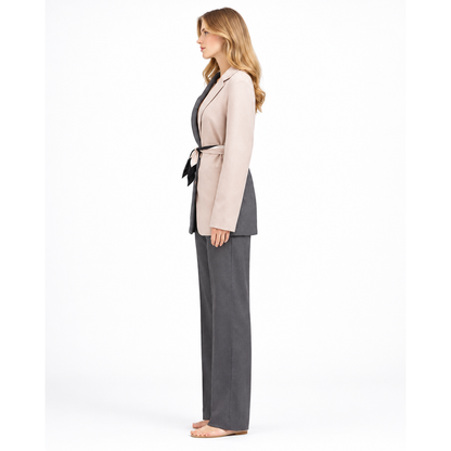 Ensemble blazer bicolore ceinturé et pantalon femme, coloris rose, vue face