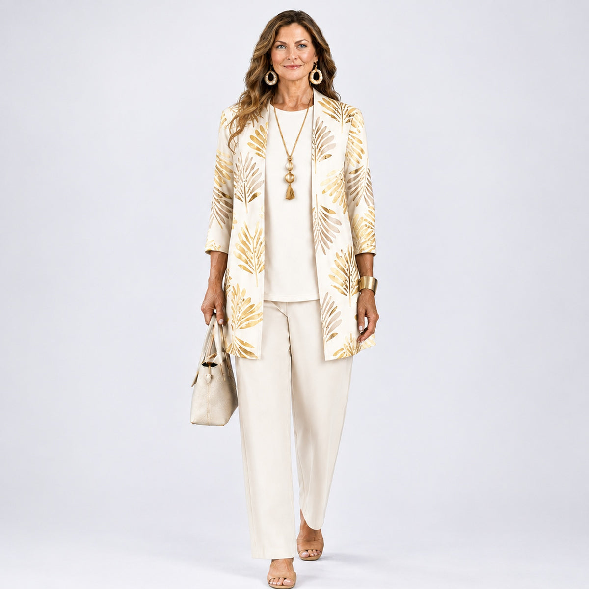 Ensemble 3 pièces femme imprimé coloris Beige Champagne - gilet ouvert, top et pantalon