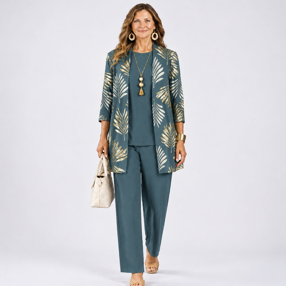 Ensemble 3 pièces femme imprimé coloris Bleu Canard - gilet ouvert, top et pantalon
