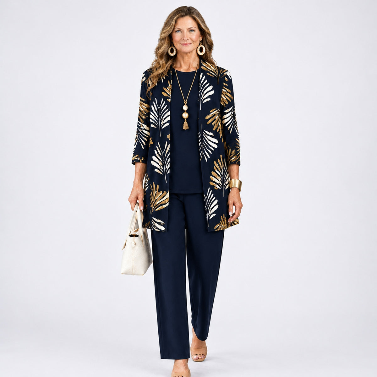 Ensemble 3 pièces femme imprimé coloris Bleu Nuit - gilet ouvert, top et pantalon