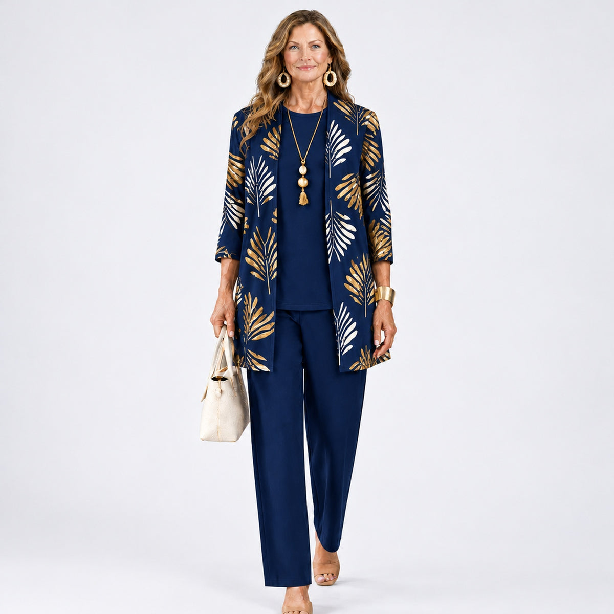 Ensemble 3 pièces femme imprimé coloris Bleu Saphir - gilet ouvert, top et pantalon