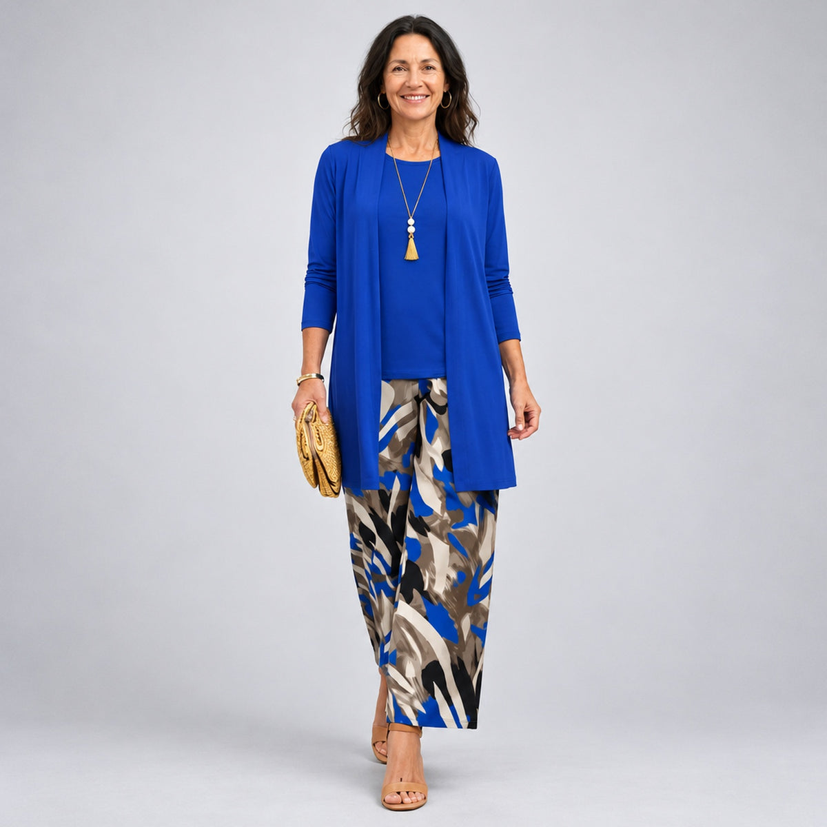 Ensemble 3 pièces femme imprimé coloris Bleu - gilet ouvert, top et pantalon