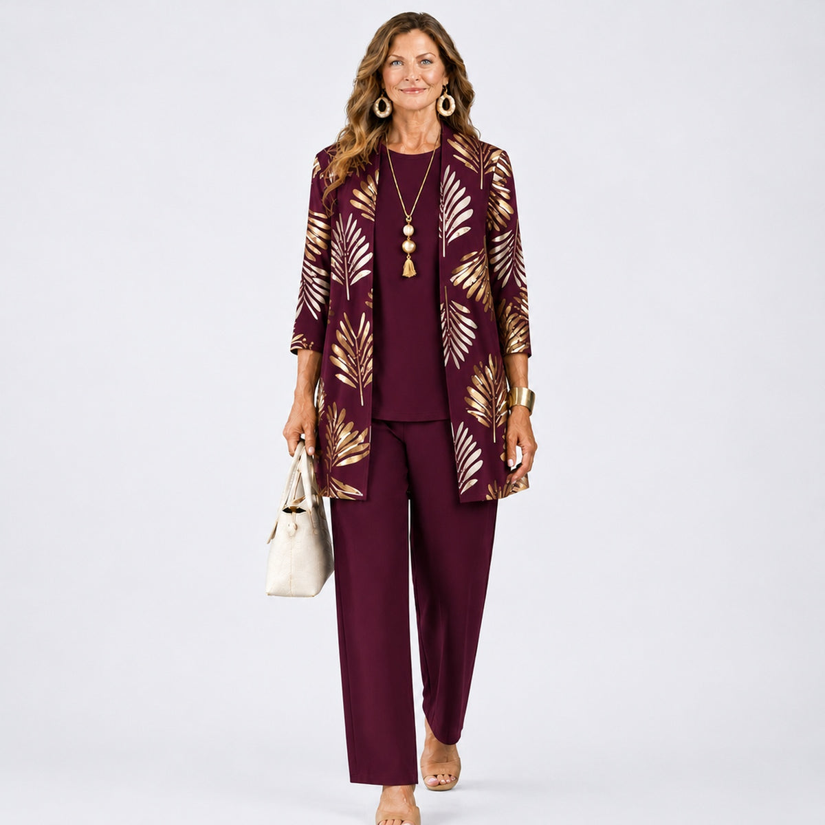 Ensemble 3 pièces femme imprimé coloris Bordeaux - gilet ouvert, top et pantalon