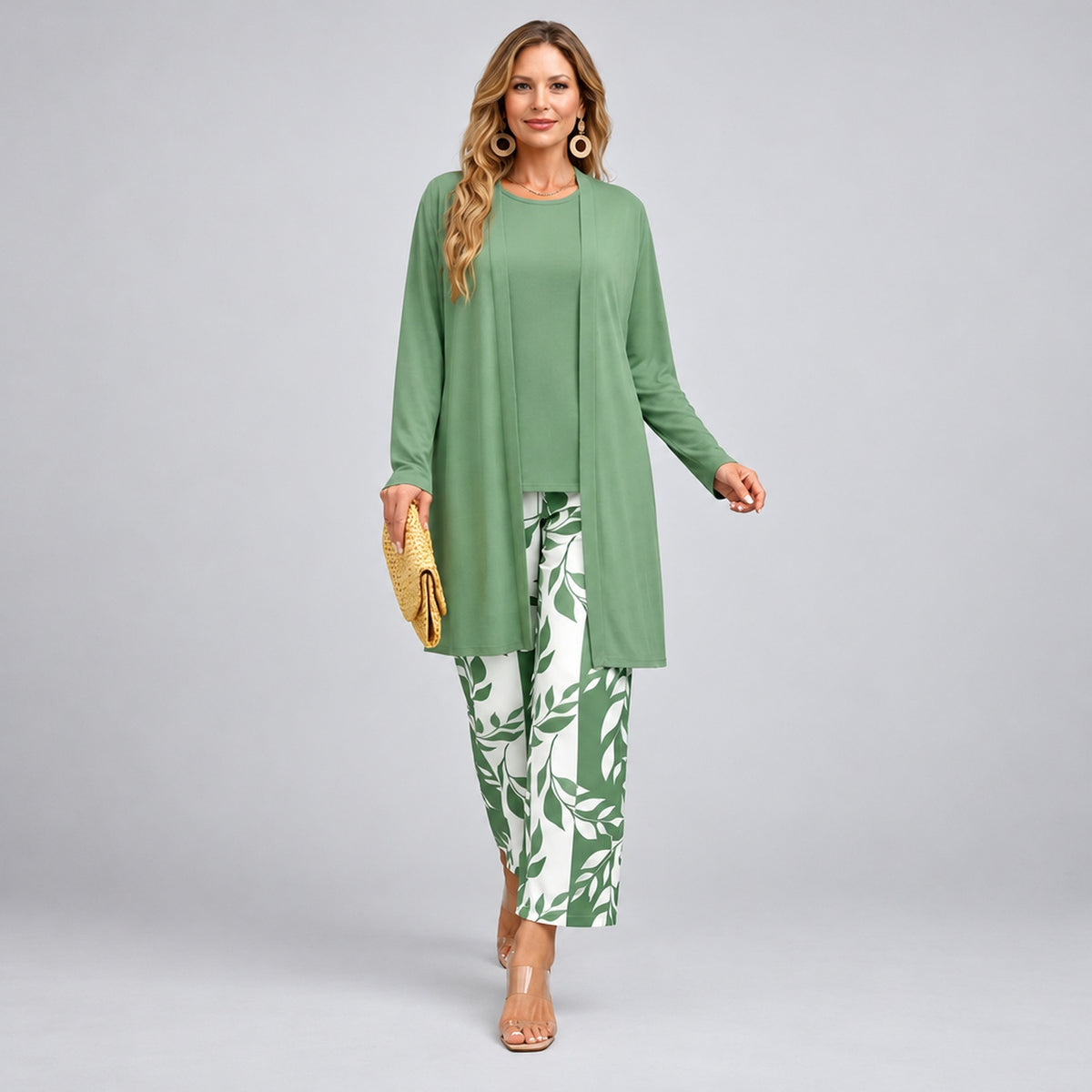 Ensemble 3 pièces femme imprimé coloris Vert et Blanc - gilet ouvert, top et pantalon
