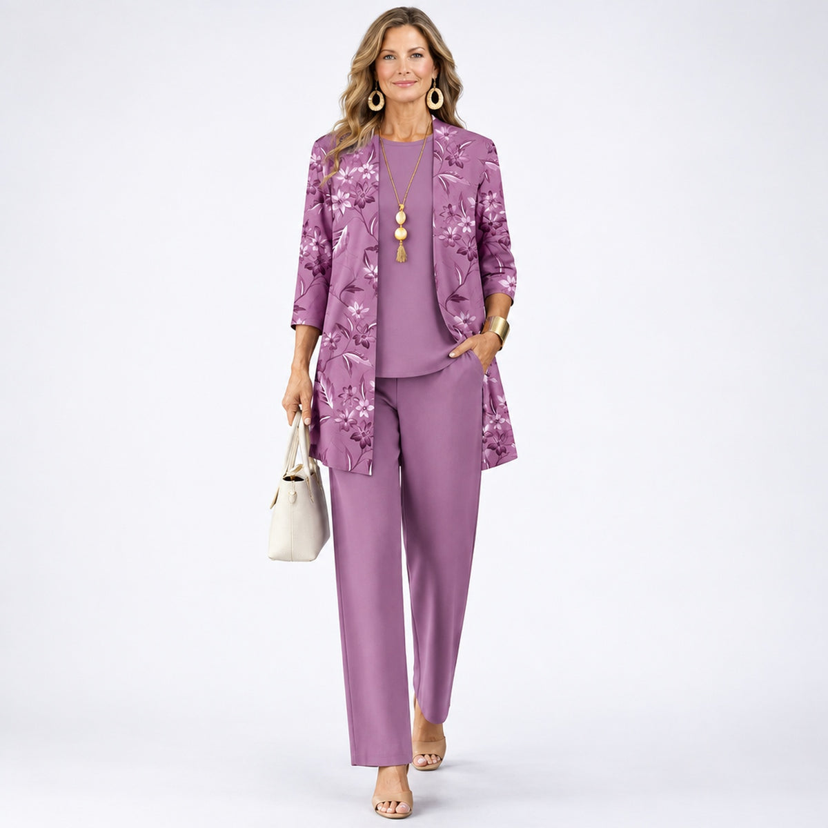 Ensemble 3 pièces femme imprimé coloris Violet - gilet ouvert, top et pantalon