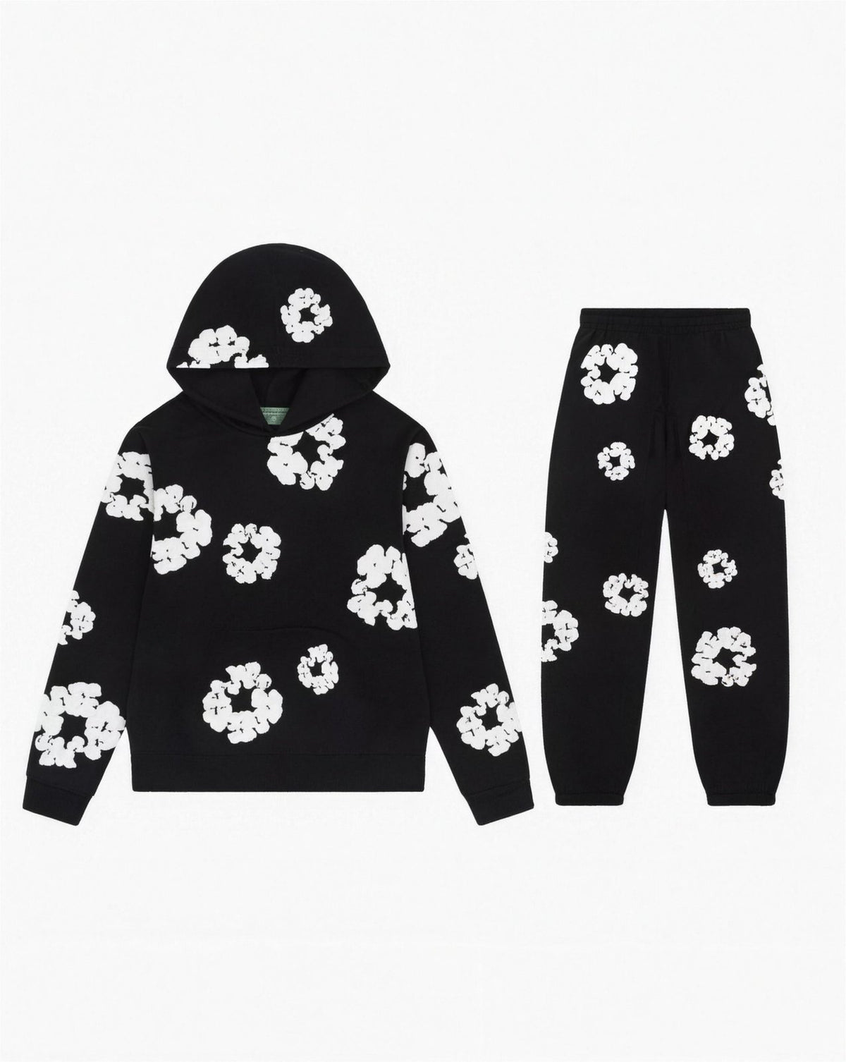 Ensemble Sweat à Capuche et Pantalon – Imprimé Floral, coloris Blanc / Noir