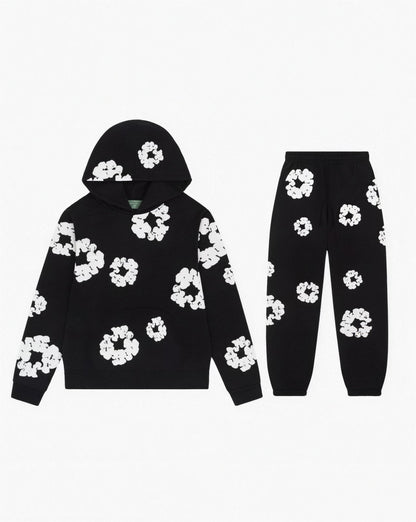 Ensemble Sweat à Capuche et Pantalon – Imprimé Floral, coloris Blanc / Noir