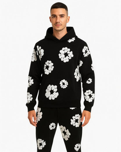 Ensemble Sweat à Capuche et Pantalon – Imprimé Floral, coloris Blanc / Noir