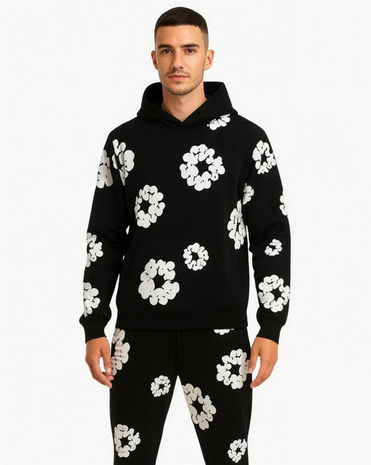 Ensemble Sweat à Capuche et Pantalon – Imprimé Floral, coloris Blanc / Noir