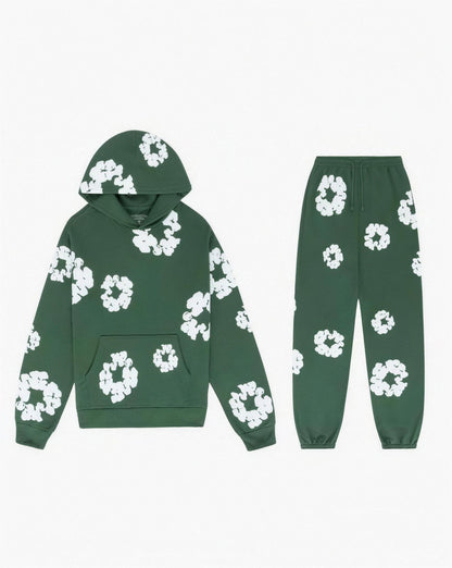 Ensemble Sweat à Capuche et Pantalon – Imprimé Floral, coloris Vert olive