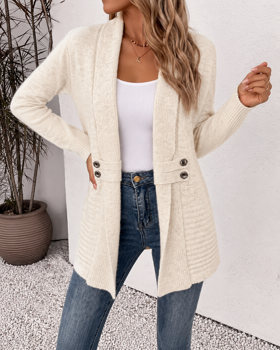 Gilet long en maille à col châle, coloris abricot