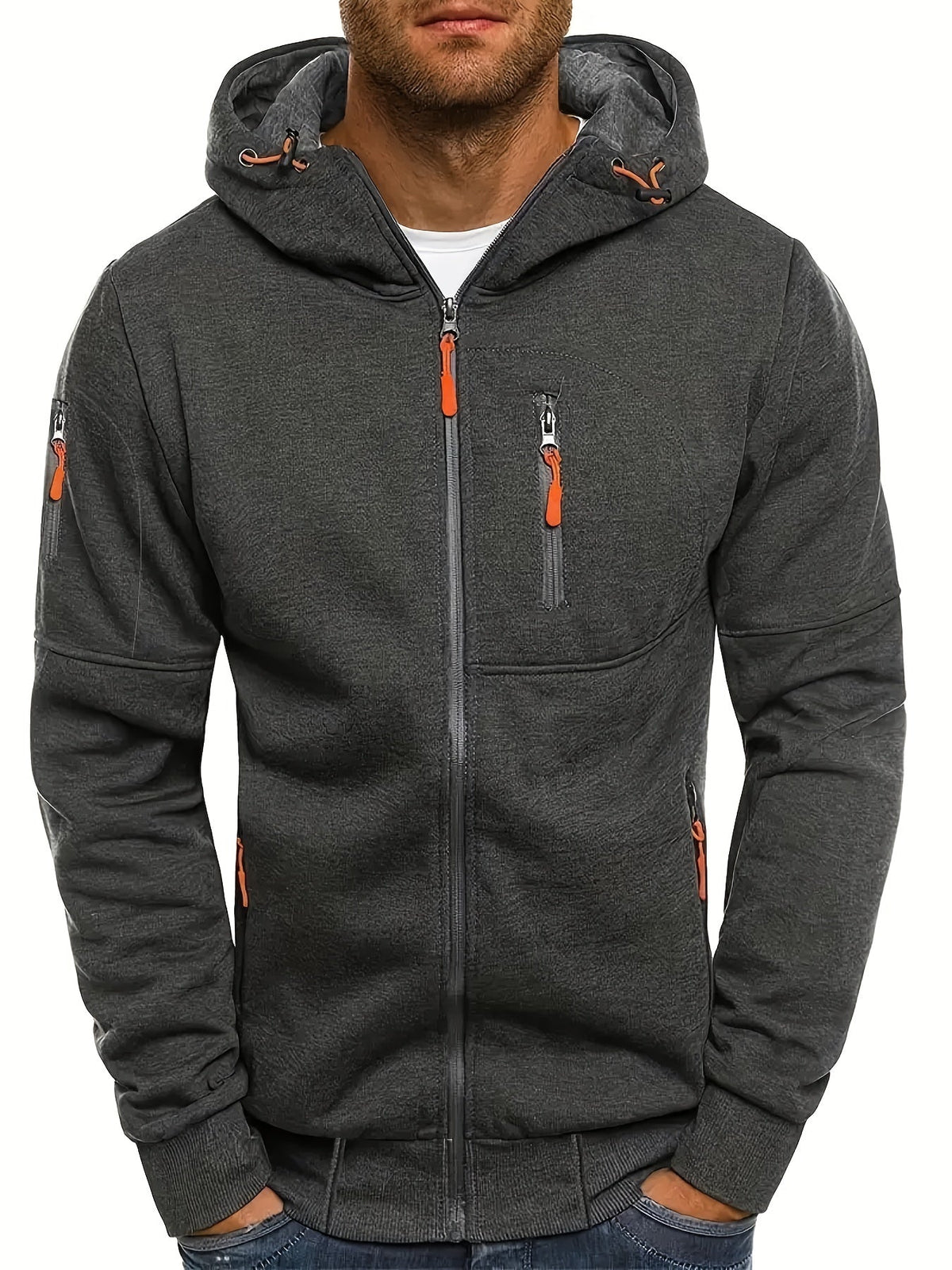sweat à capuche zippé homme gris foncé, vue de face