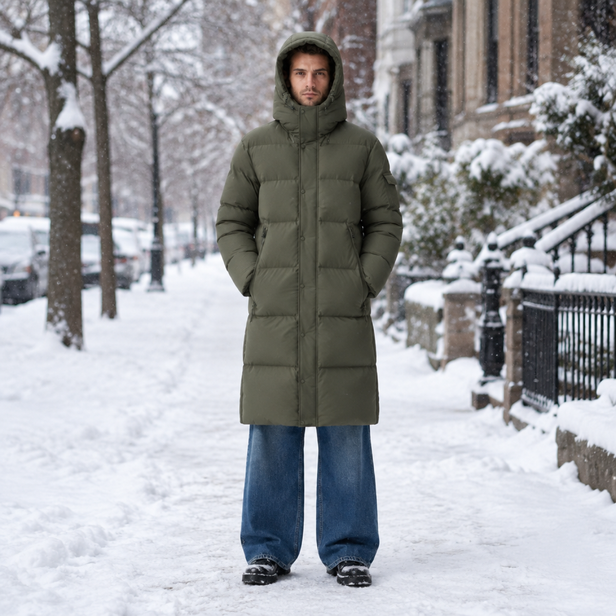 Homme portant la doudoune longue vert kaki à capuche dans une rue enneigée en hiver