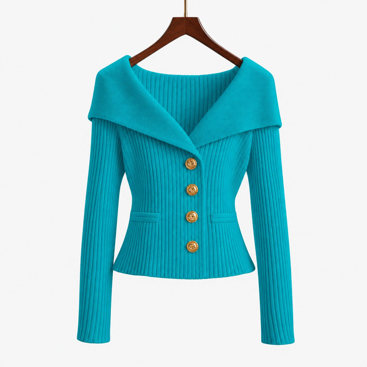 Cardigan côtelé boutonné bleu pour femme, col large et boutons dorés, vue de face sur cintre