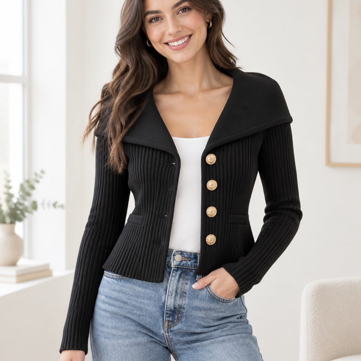Femme souriante portant le cardigan côtelé boutonné noir, photo lifestyle en intérieur