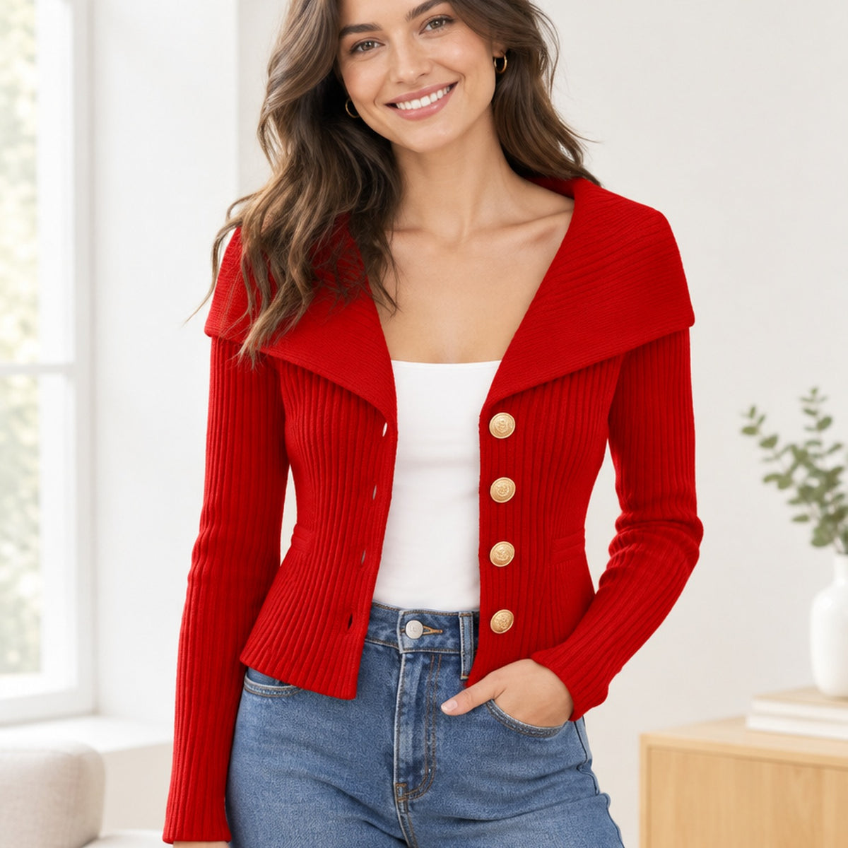 Femme souriante portant le cardigan côtelé boutonné rouge, photo lifestyle en intérieur